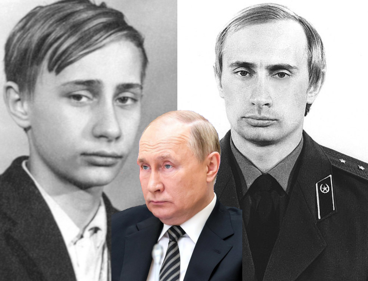 Three images of Vladimir Putin, one as a young child, the second as a KGB officer, and a third recent photo. The first two photos are black and white; the third is in color.